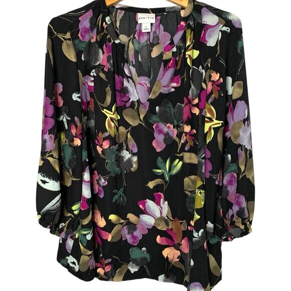 Ava & Viv Top Women's Size 14 Floral Cottagecore Colorful V-Neck Pullover - Picture 1 of 6